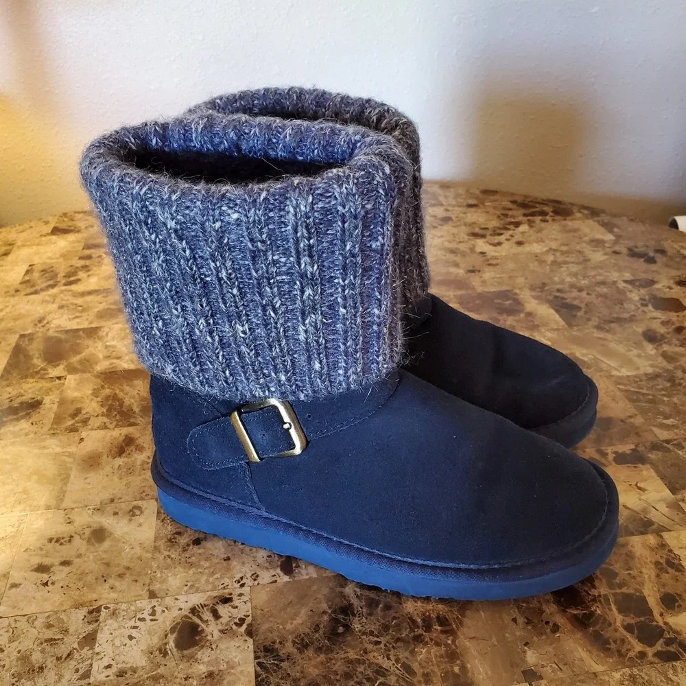 Lamo sz 6 blue suede Hurricane booties faux fur lining buckle cozy winter cabin